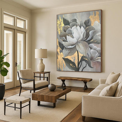 Gray - Gold Floral Art for Luxury Hotel Lobby & Elegant Dining Room DLZ2320