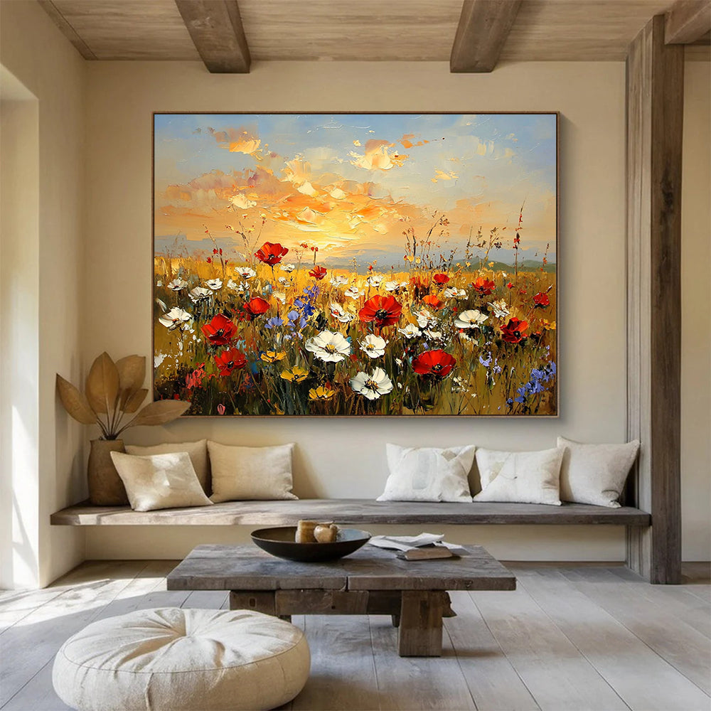 Flower Field at Sunset Art for Romantic Restaurant & Home Living Room SC464