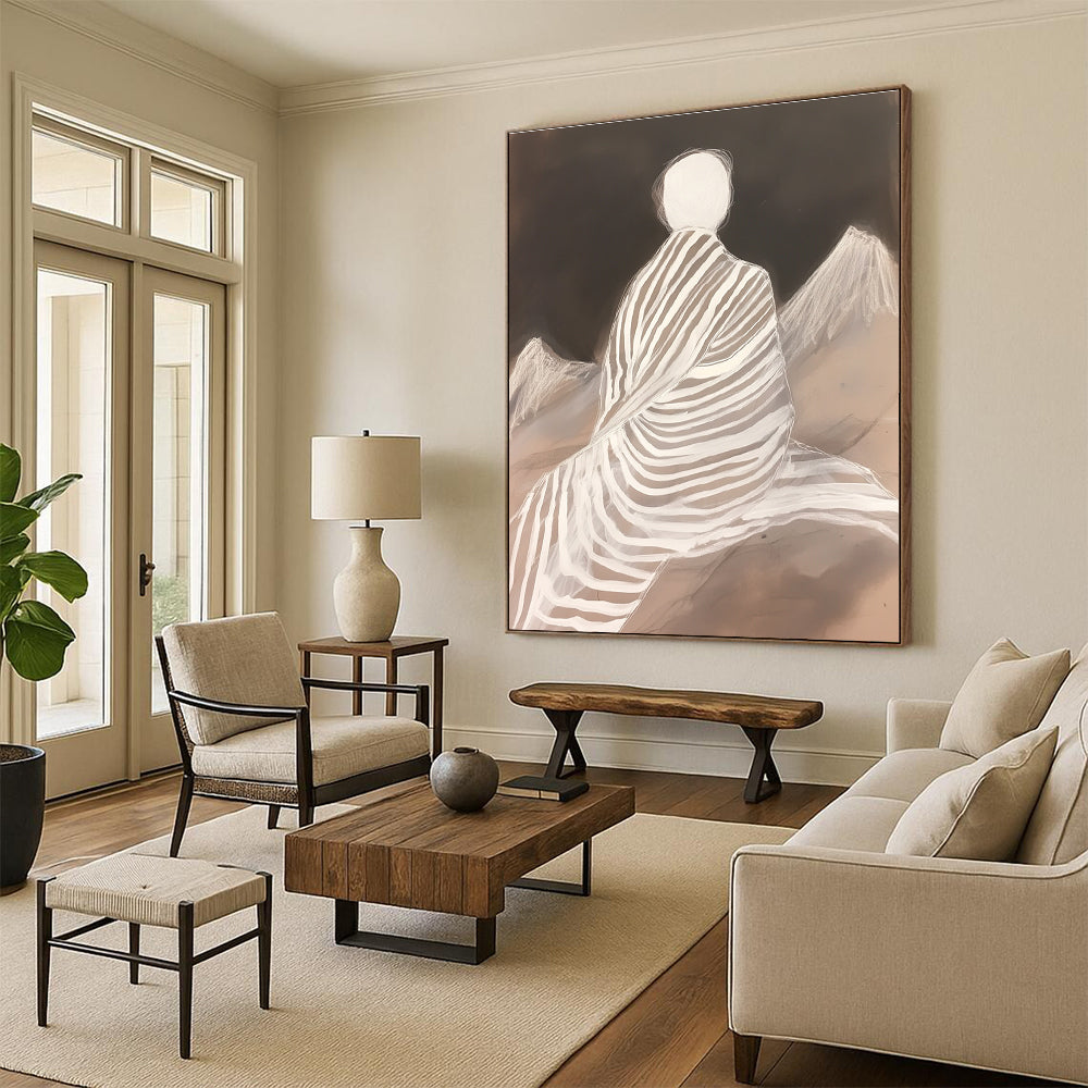 White - Clad Figure with Stripes for Zen Meditation Room & Contemporary Home Library STSC1292