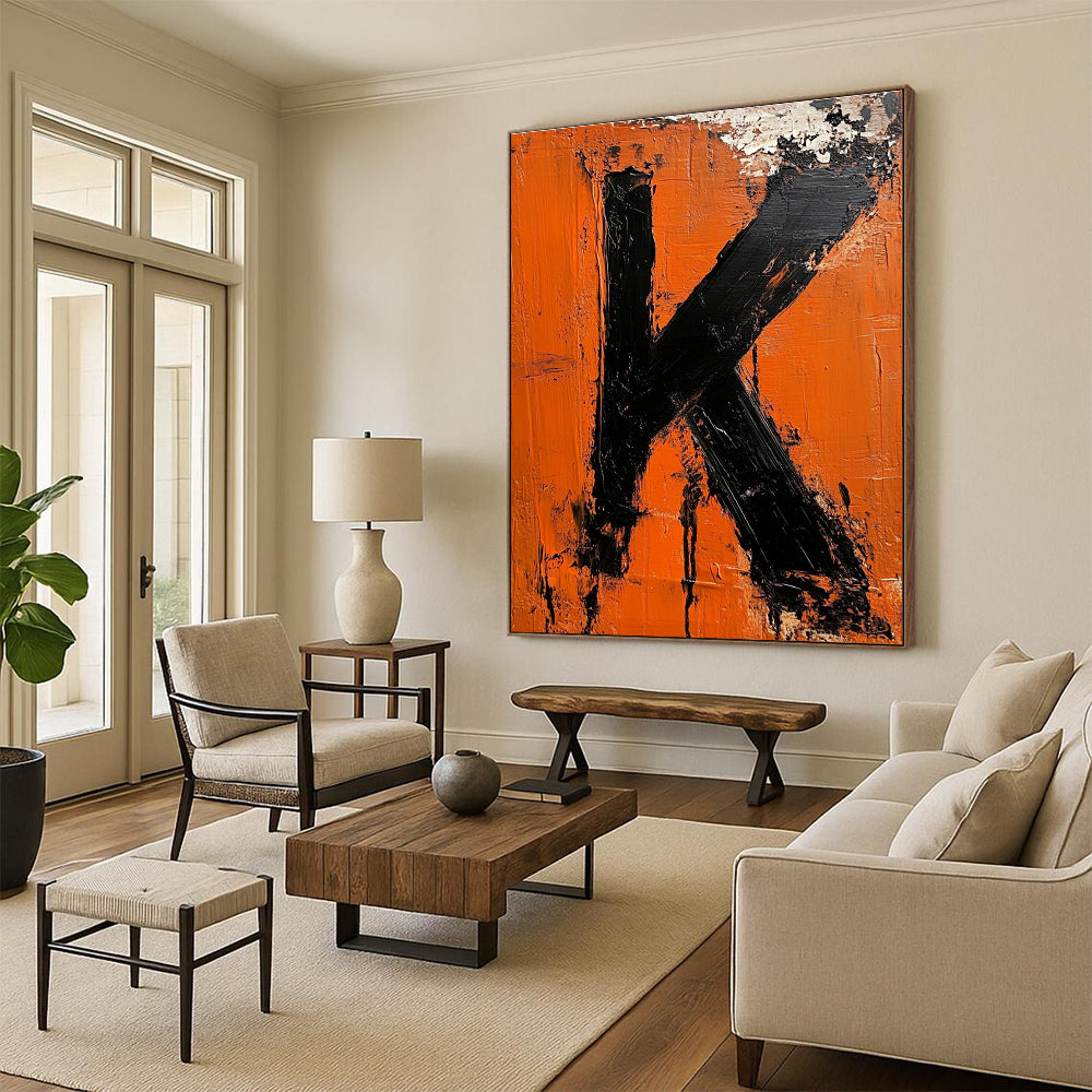 Orange and Black “K” Painting Art for Industrial - Style Bar & Personalized Home Office STSC1326