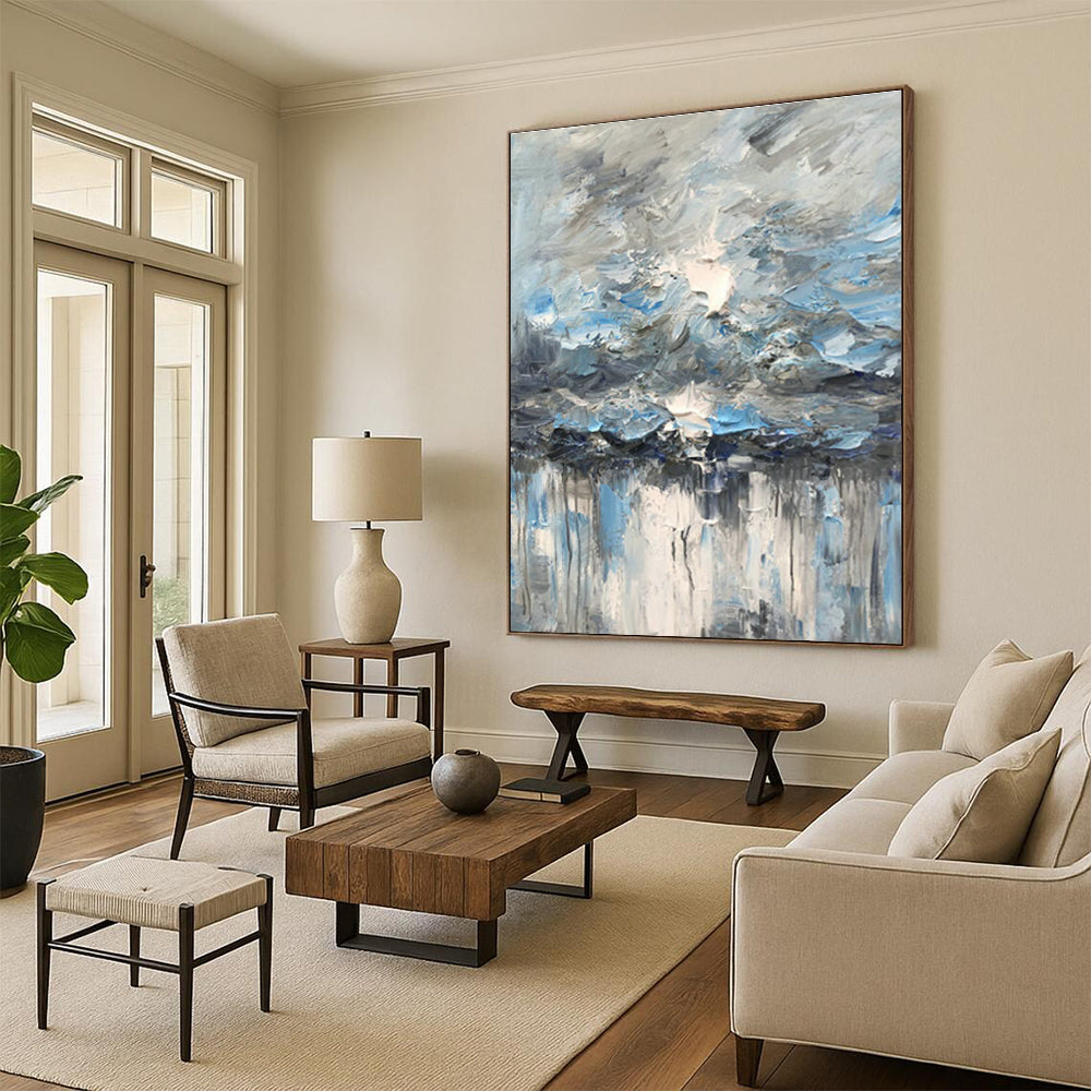 Blue - Gray Abstract Painting for Lake House Living Room & Waterfront Wellness Center DLZ1298