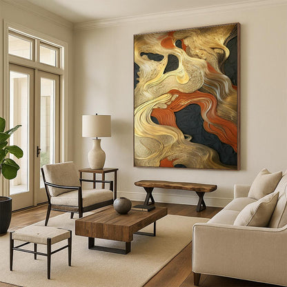 Gold - Orange - Black Abstract Art for High - End Restaurant & Luxury Home Dining Room DLZ1704
