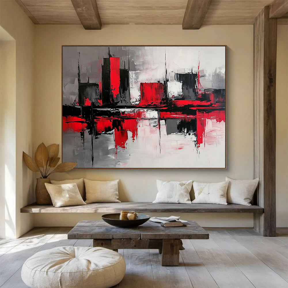 Red - Black Cityscape Abstract Art for Corporate Boardroom & Urban - Themed Bar SC239