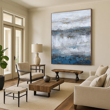 Gray - Blue - Gold Layered Abstract Art for Living Room & Boutique Hotel Lobby DLZ1233
