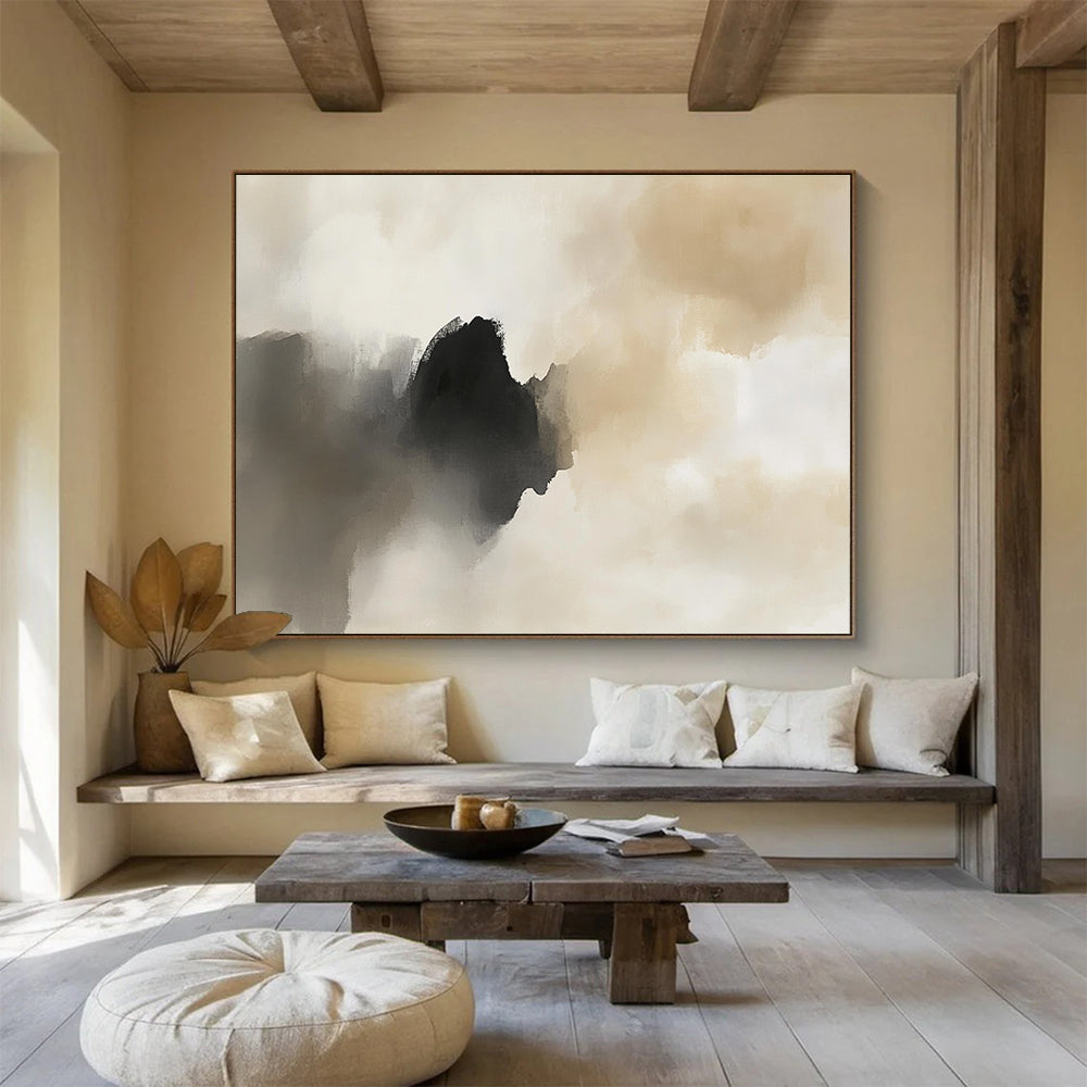Beige - Black Abstract Clouds Art for Minimalist Bedroom & Serene Spa SC222
