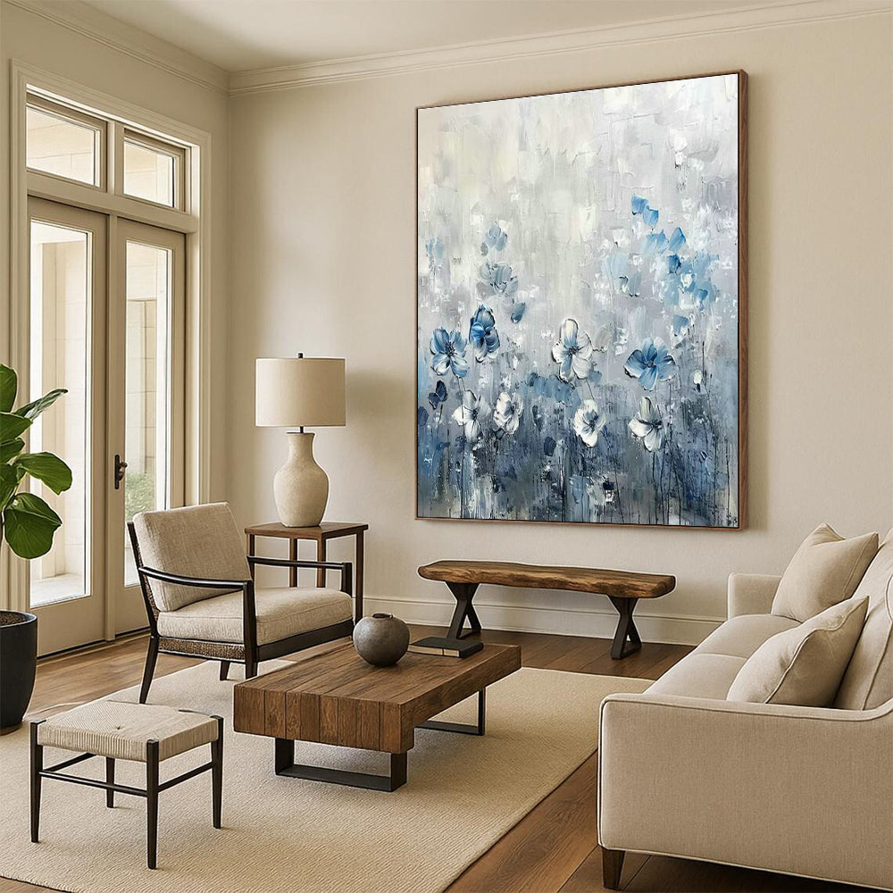 Blue and White Flower Oil Painting for Romantic Bedroom & Floral - Themed Café DLZ1988