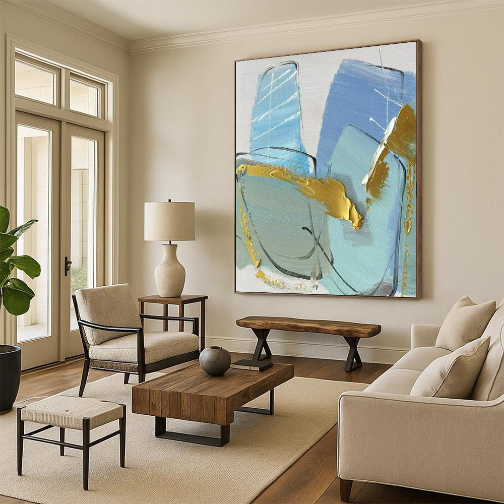 Blue - Gold Abstract Art for Beachfront Villa Living Room & High - End Boutique DLZ1678