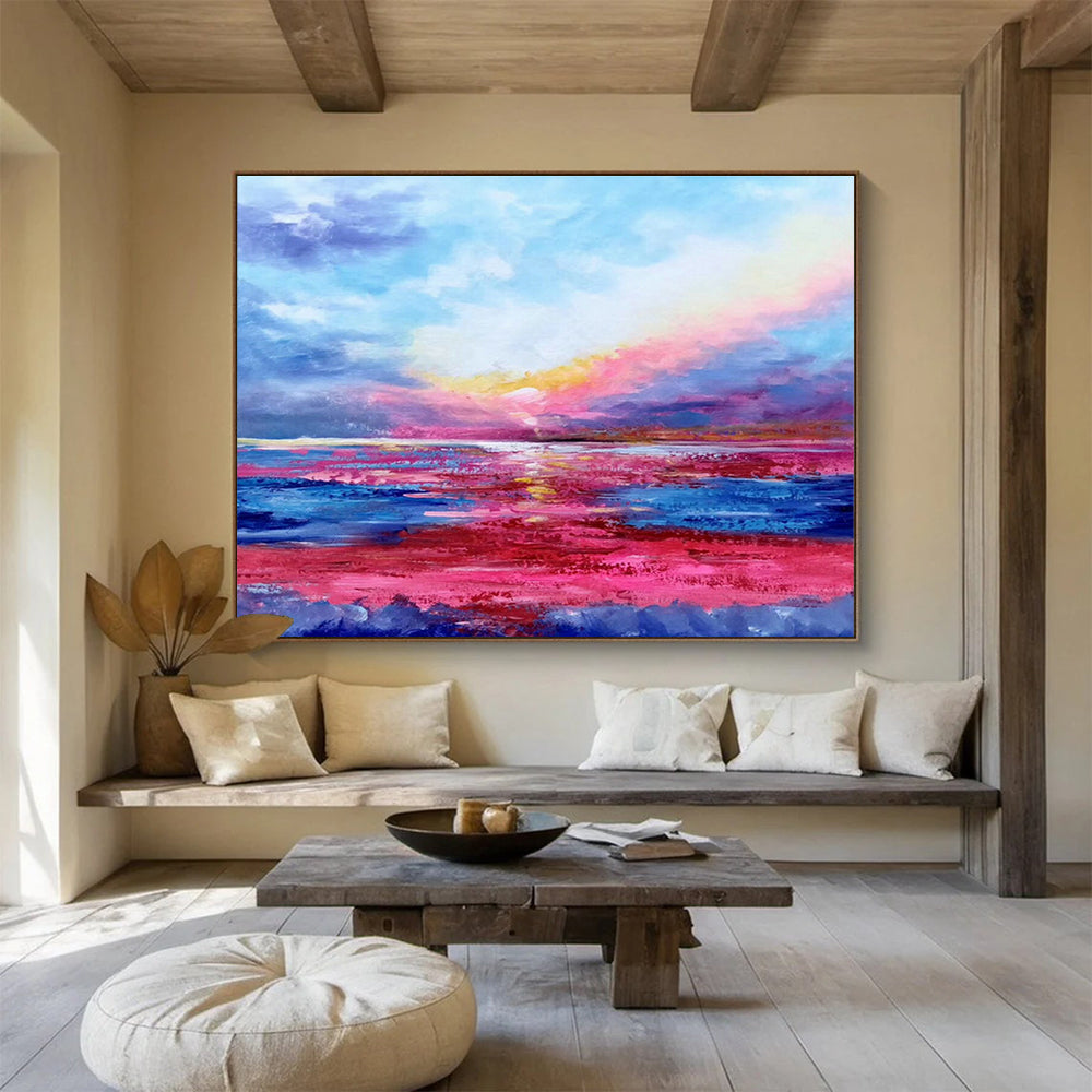 Pink - Purple Seaside Oil Painting for Relaxing Beach House Bedrooms DLZ2671