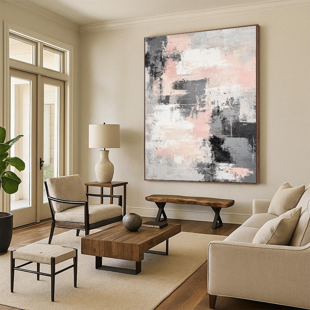 Pink - Gray Abstract Brushstrokes Art for Boutique Hotel Room & Feminine - Themed Lounge STSC133