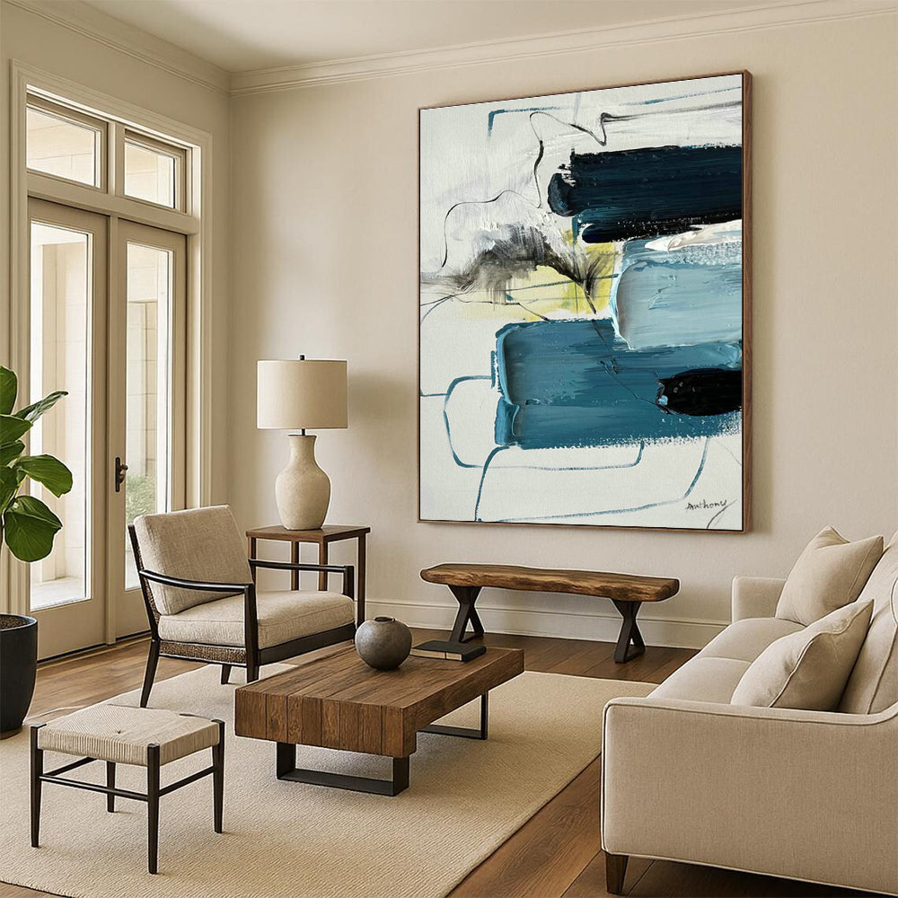 Blue - Gray Line Abstract Art for Urban - style Library & Modern Apartment Living Room DLZ0789