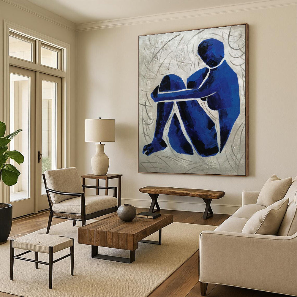 Contemplative Blue Figure Art for Therapy Space & Thoughtful Library DLZ2269