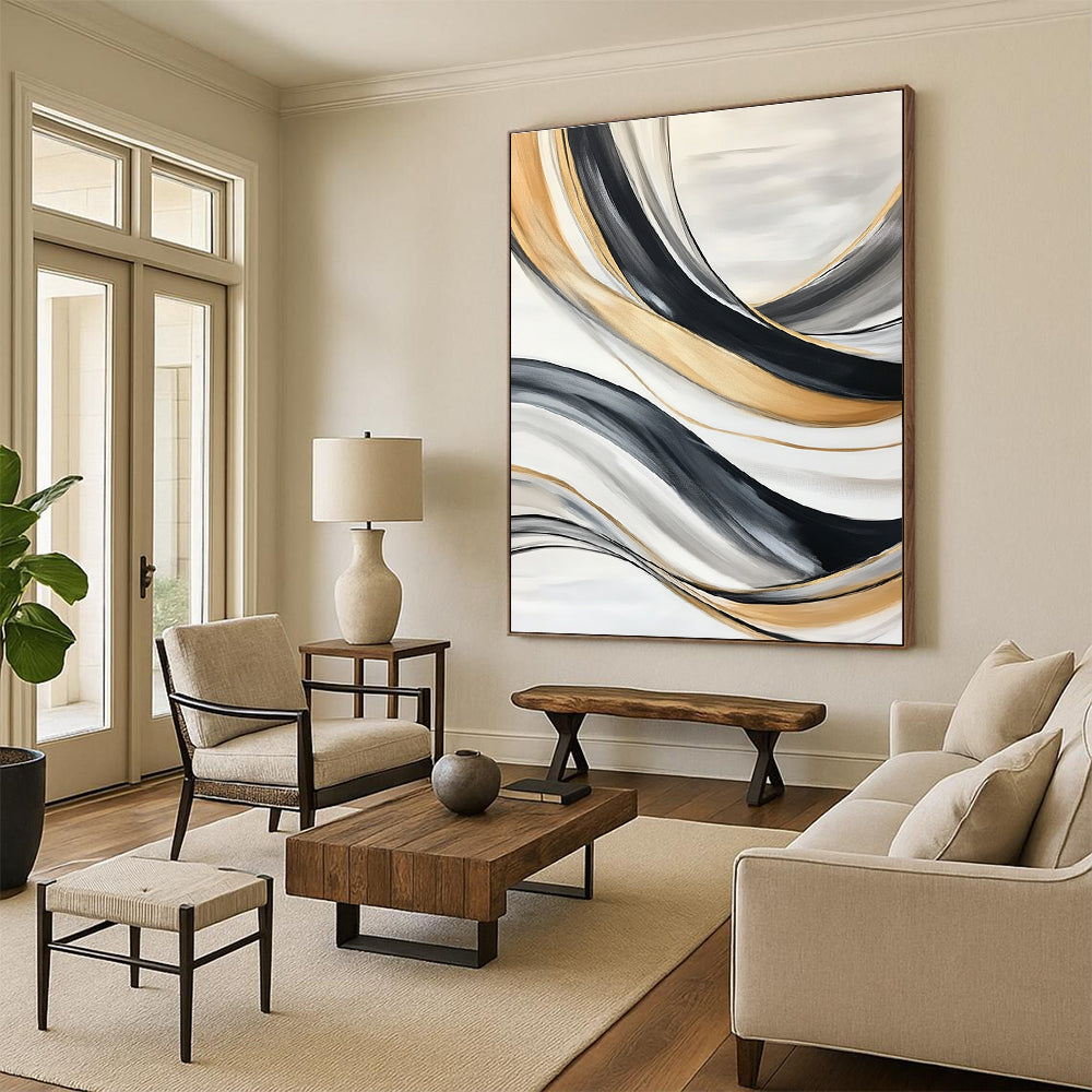 Flowing Gold & Black Abstract Art for Living Room & Luxury Spa STSC739