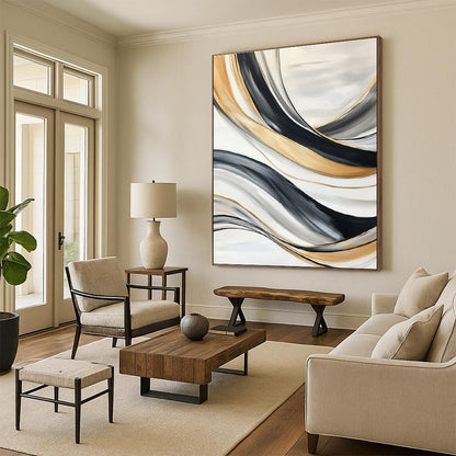 Flowing Gold & Black Abstract Art for Living Room & Luxury Spa STSC739