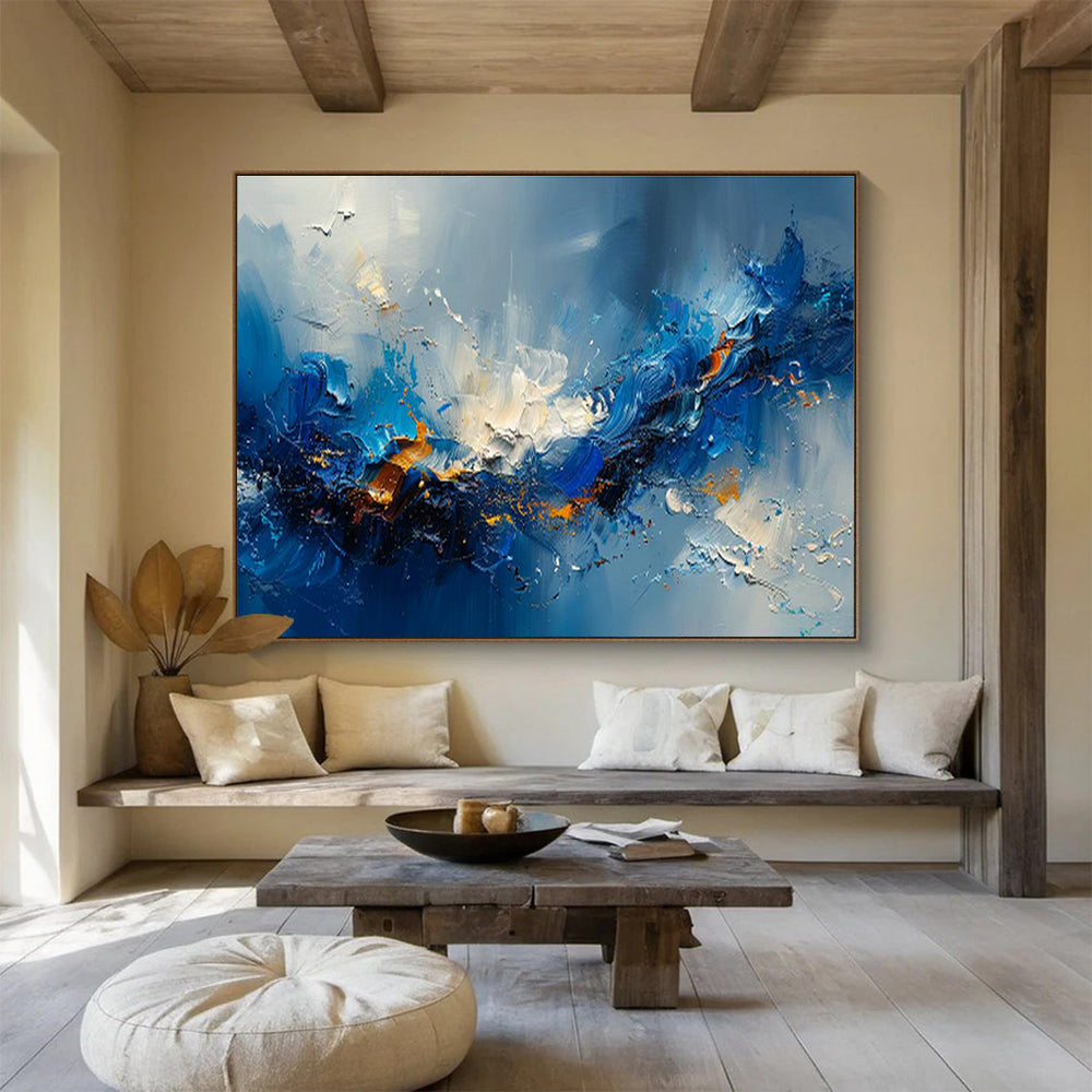 Dynamic Blue Abstract Wave Art for Modern Office Break Rooms DLZ3088