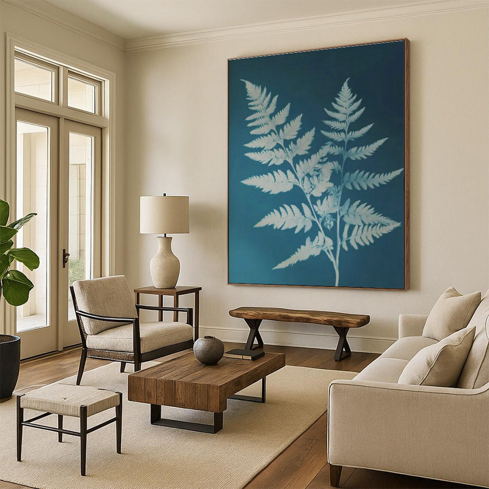 Blue - Based Fern Plant Art for Botanical Café & Nature - Themed Home Library DLZ1761
