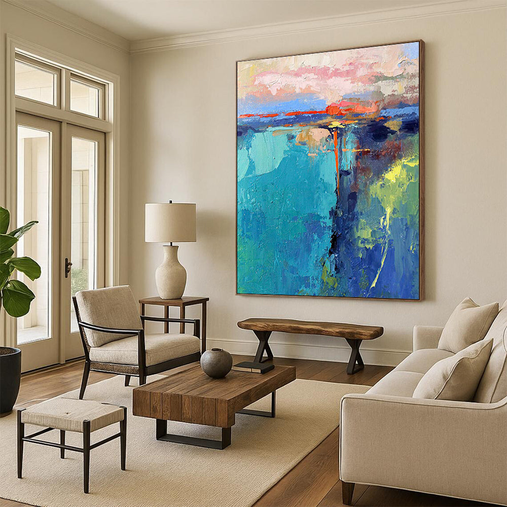Pink - Blue Coastal Abstract Art for Beachfront Restaurant & Yacht Club DLZ1037