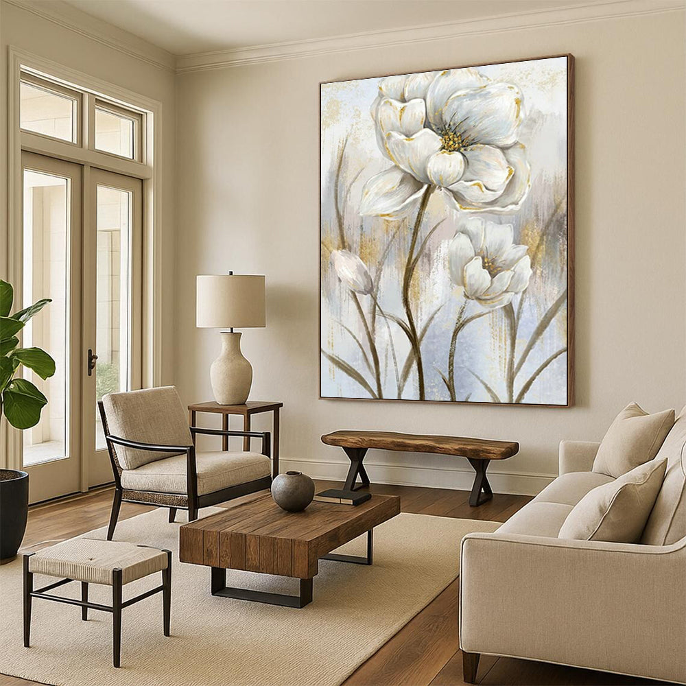 White Flower with Gold Art for Elegant Home Dining Room & Wedding Venue Decor DLZ1536
