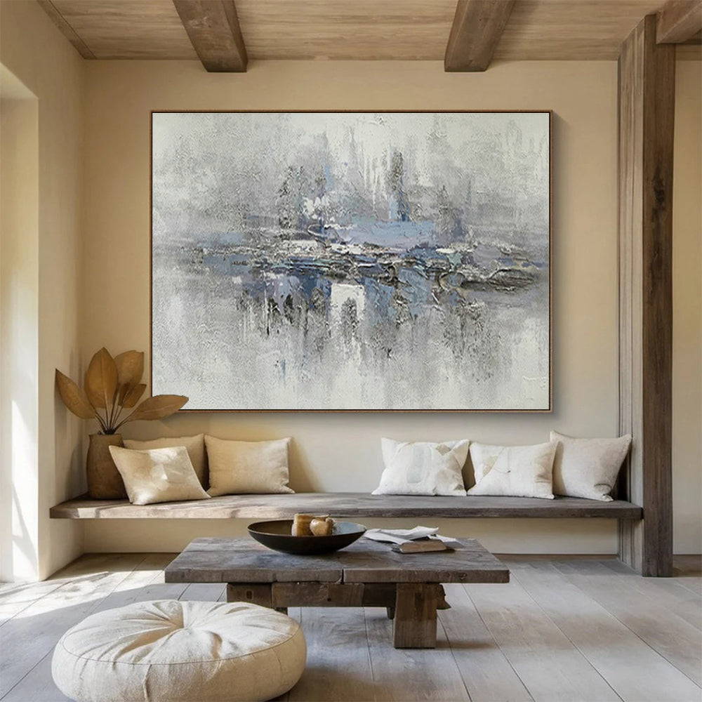 Grey - Blue Lakeside Landscape Art for Serene Living Room DLZ2733