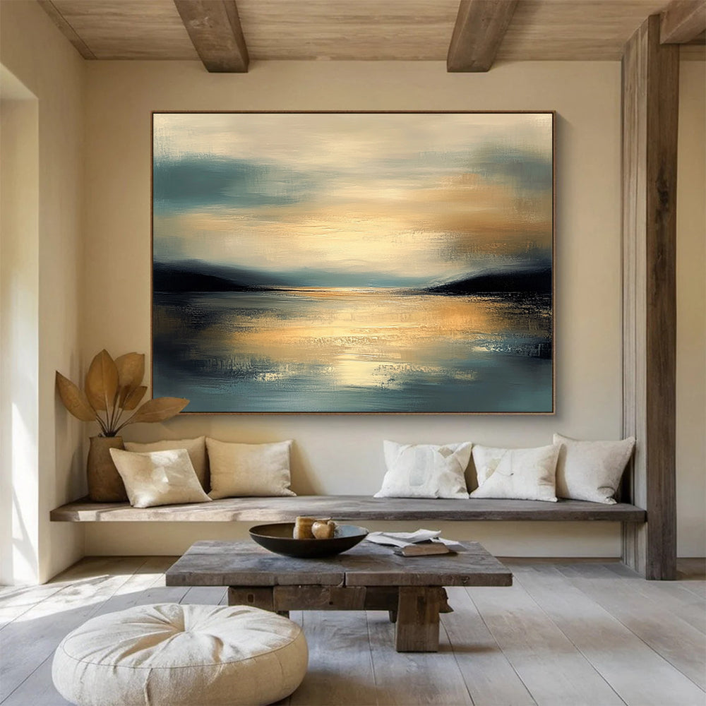 Golden Lake Sunset Art for Lakeside Villa & Luxury Living Room SC064