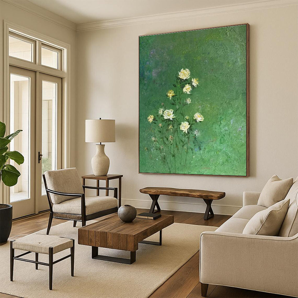 Yellow Flowers on Green Oil Painting for Dining Room & Garden Café DLZ0587