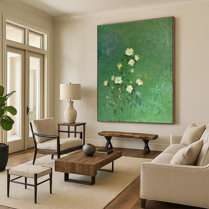 Yellow Flowers on Green Oil Painting for Dining Room & Garden Café DLZ0587