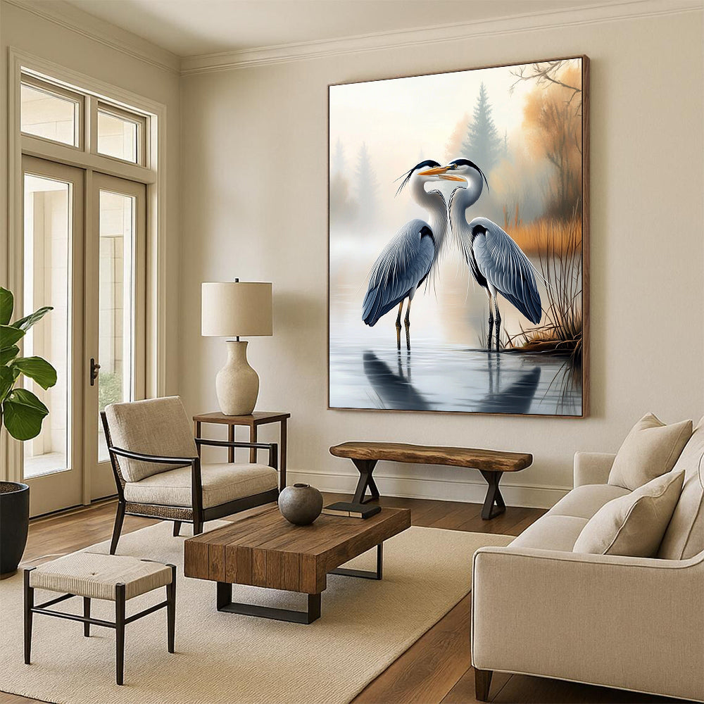Herons in Mist  Romantic Bird Art for Coastal Bedroom & Serene Home Reading Nook STSC1451