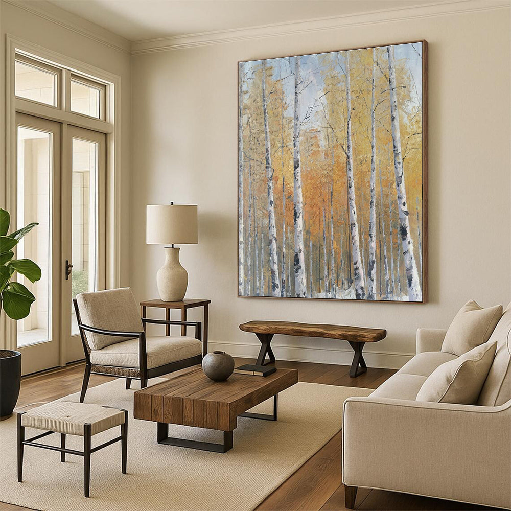 Golden Autumn Birch Forest Oil Painting for Country Villa & Fall Festival Venue DLZ1306