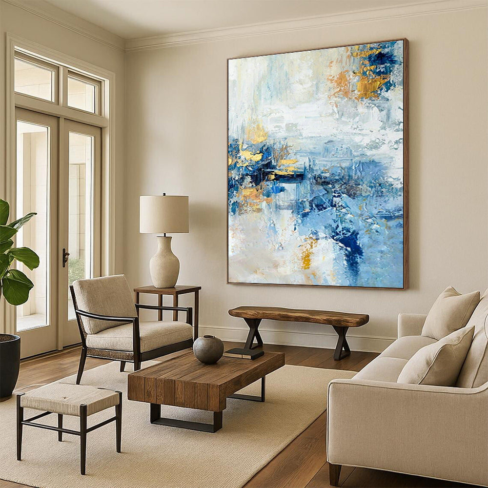 Blue - Gold Abstract Art for Modern Penthouse & Art Gallery Event Space DLZ1488