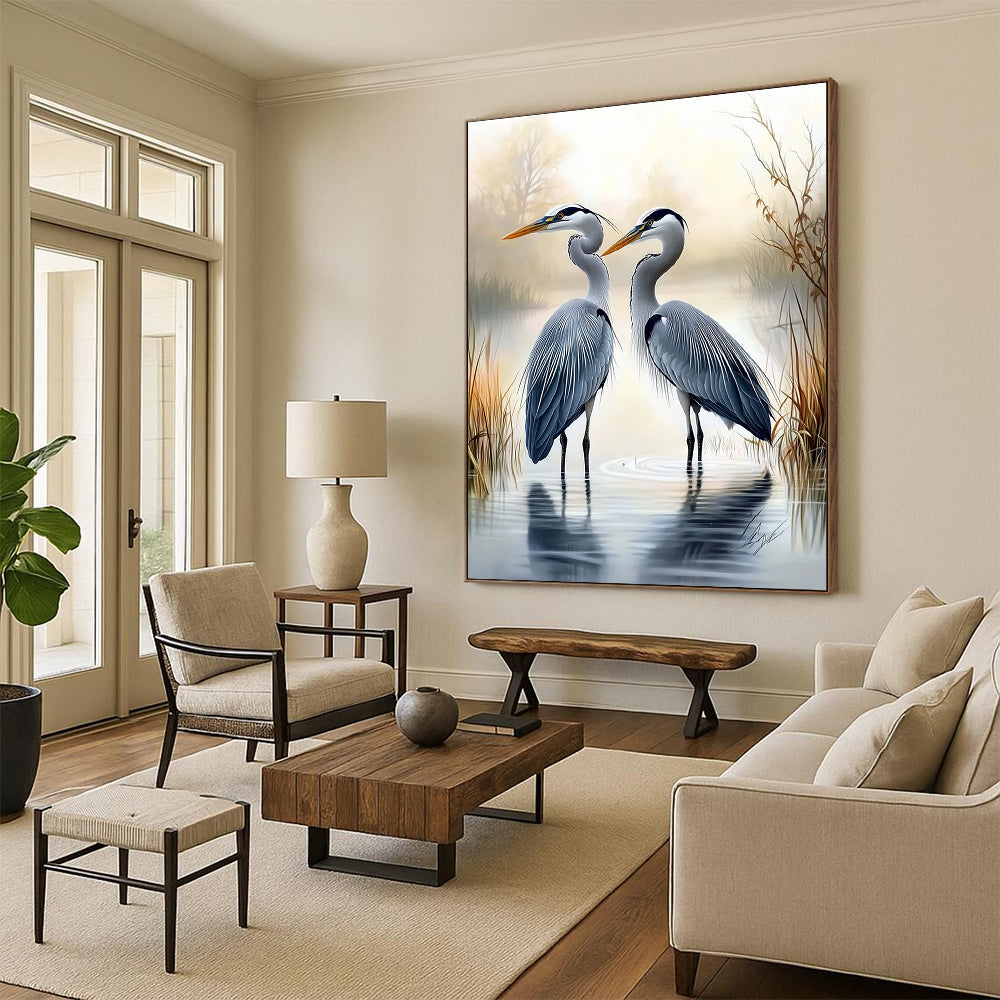 Herons in Mist  Elegant Bird Art for Lakeside Villa Living Room & Nature - Inspired Home Office STSC1450