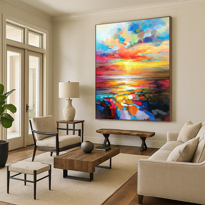 Vibrant Sunset Sea Oil Painting for Beachfront Resort & Nautical - Themed Restaurant DLZ1071