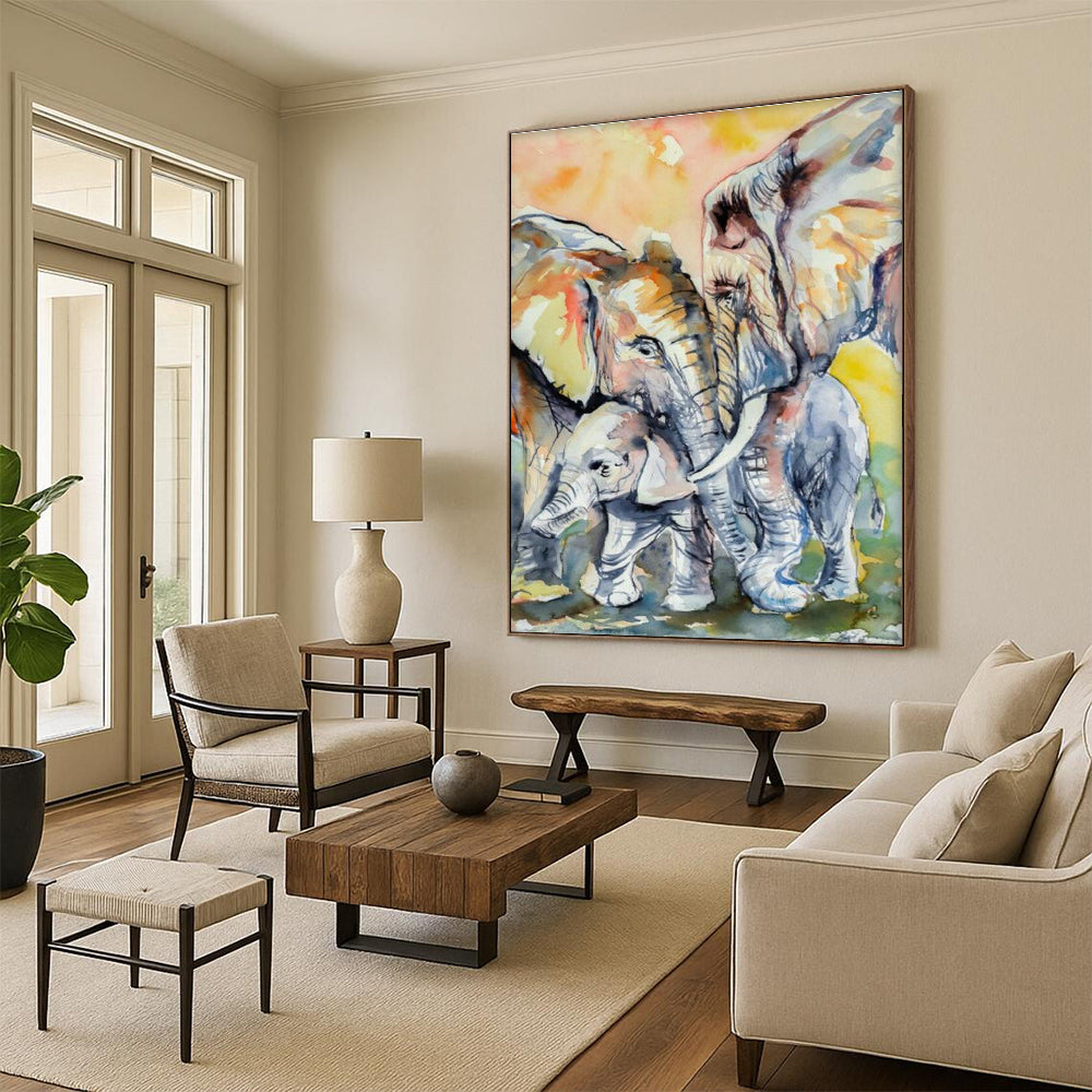 Watercolor Elephant Family Art for Wildlife Sanctuary & Family Room DLZ2346