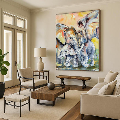 Watercolor Elephant Family Art for Wildlife Sanctuary & Family Room DLZ2346