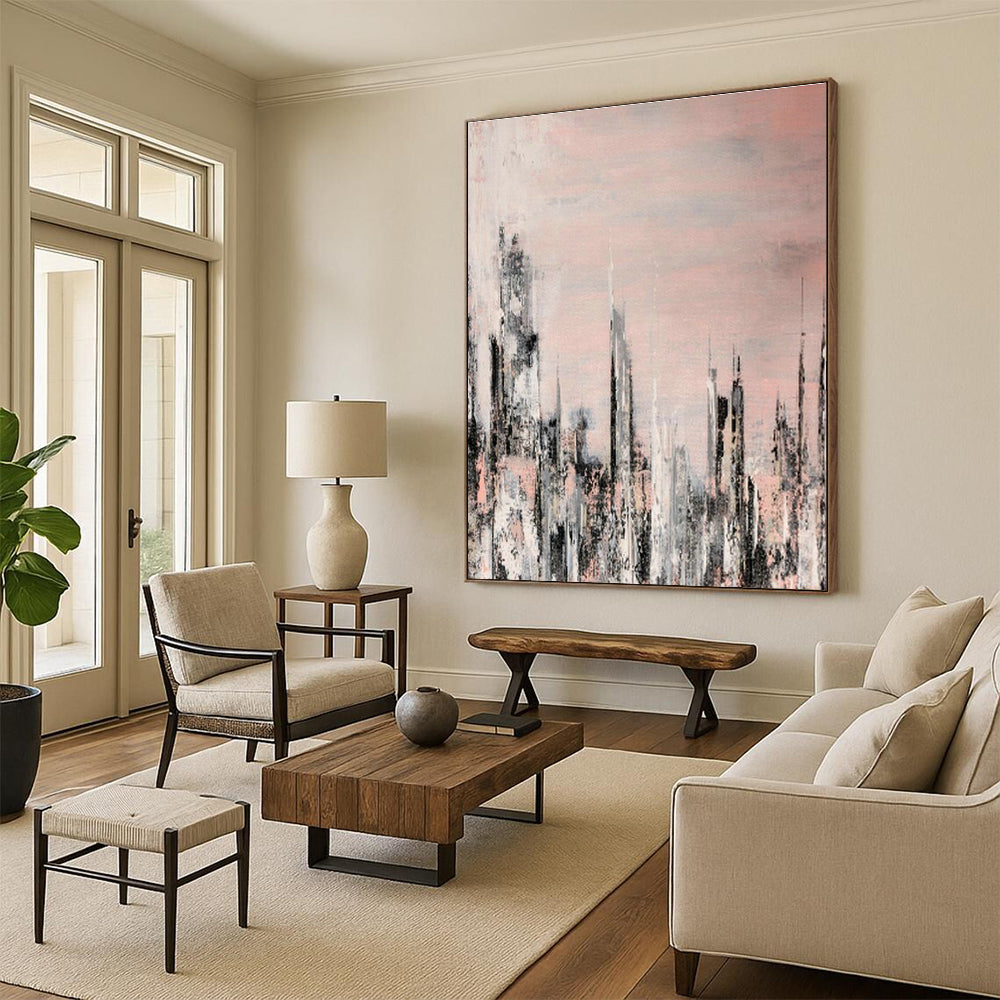 Pink - Gray Cityscape Art for Modern Urban Apartment Living Rooms DLZ0061