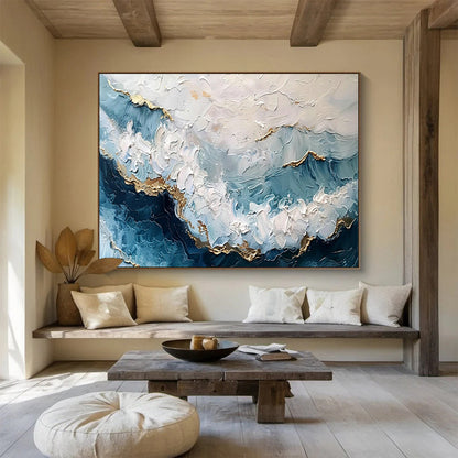 Blue - Gold Ocean Wave Abstract Art for Relaxing Bathroom DLZ2731