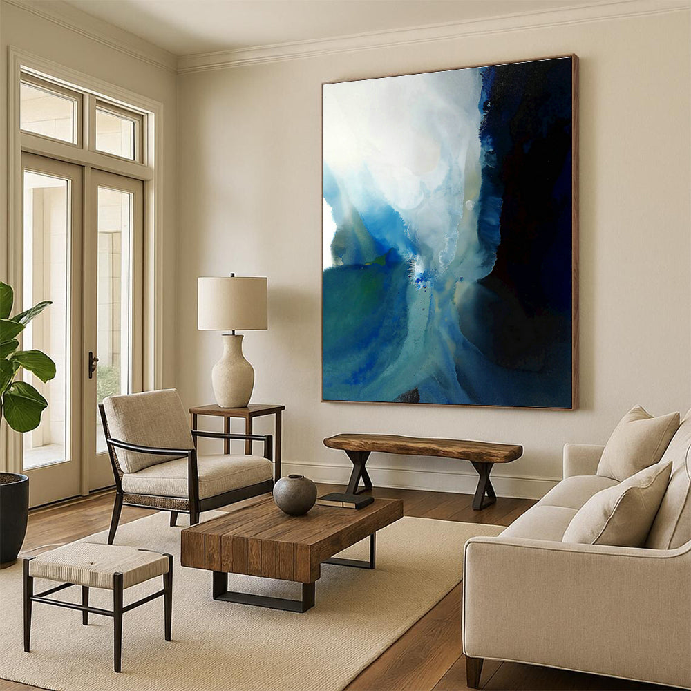 Blue - White Ink Wash Abstract Art for Contemporary Art Gallery Hallway & Minimalist Home Office DLZ0919