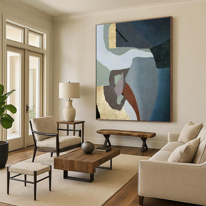 Geometric Abstract Art with Gold, Brown & Blue for Hotel Lobby & Villa Corridor DLZ0563