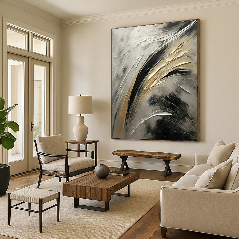 Gold - Silver - Black Abstract Art for Luxury Penthouse & High - End Art Event DLZ1719
