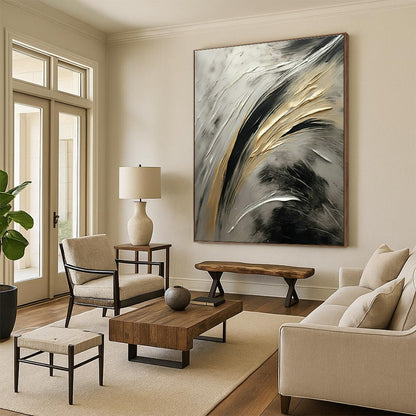 Gold - Silver - Black Abstract Art for Luxury Penthouse & High - End Art Event DLZ1719