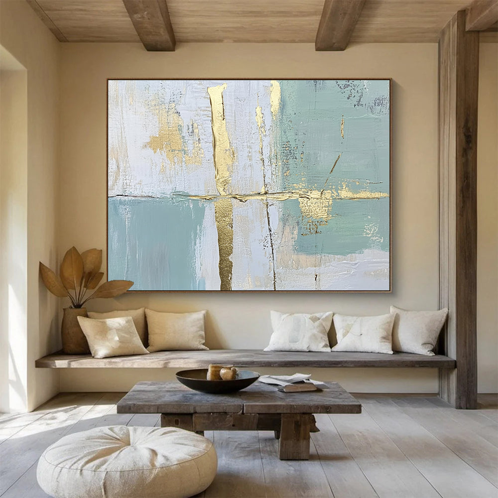 Light Blue & Gold Abstract Art for Coastal Home Office & Serene Yoga Studio SC326