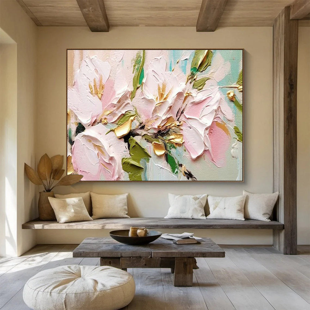 Pink and Gold Floral Oil Painting for Chic Dining Room Accents DLZ2637