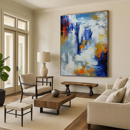 Blue - Orange Splash Abstract Art for Beach House Living Room & Coastal Gallery DLZ1345