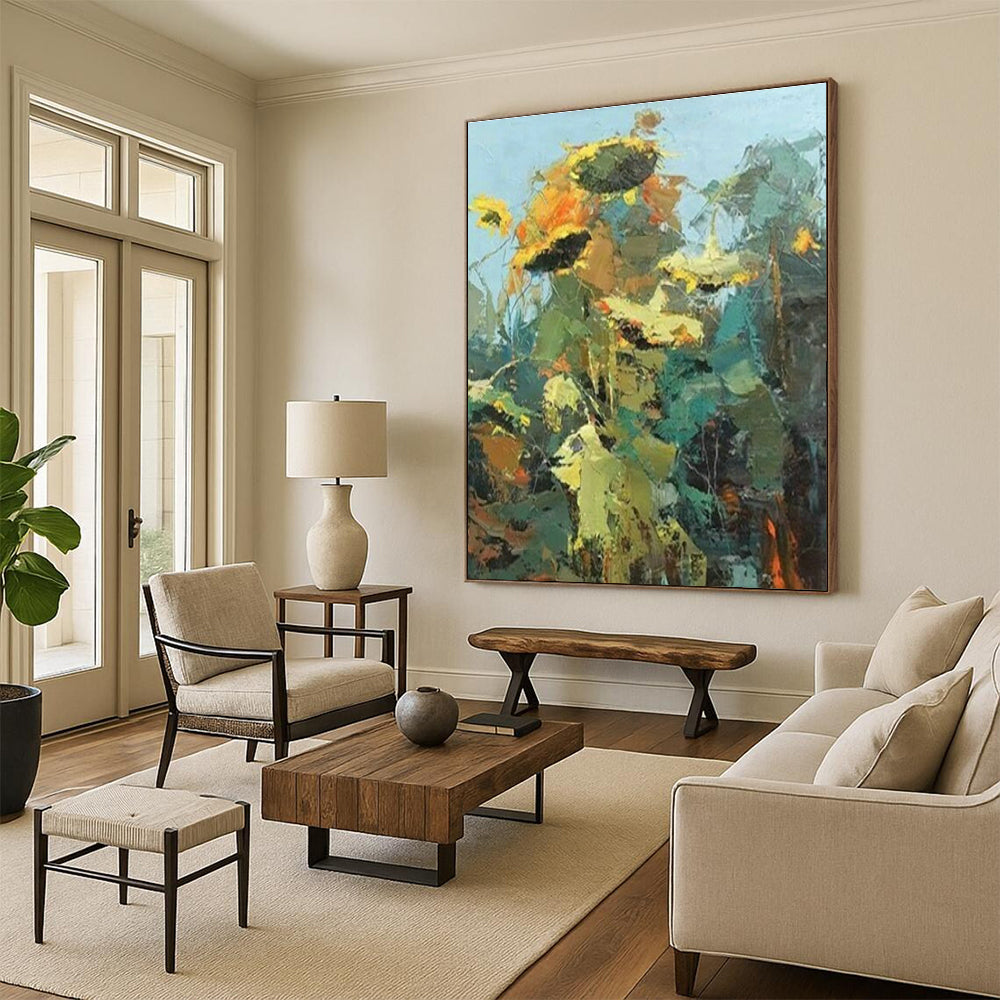 Impressionistic Sunflower Landscape Oil Painting for Countryside Café & Rustic Home Dining Room DLZ1611