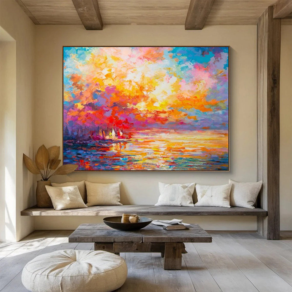 Vivid Sunset Lake View Abstract Art for Cozy Living Room DLZ2793