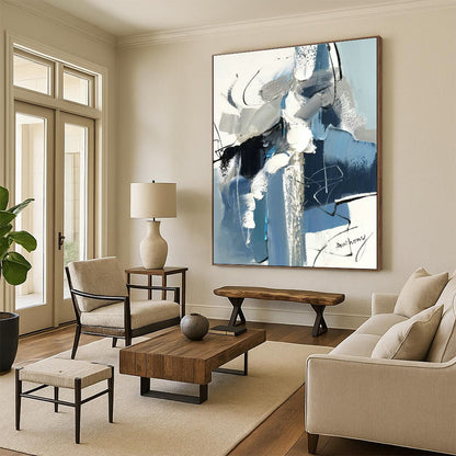 Blue - Gray Brushstroke Abstract Art for Modern Office Lobby & Art Gallery Corridor DLZ0782