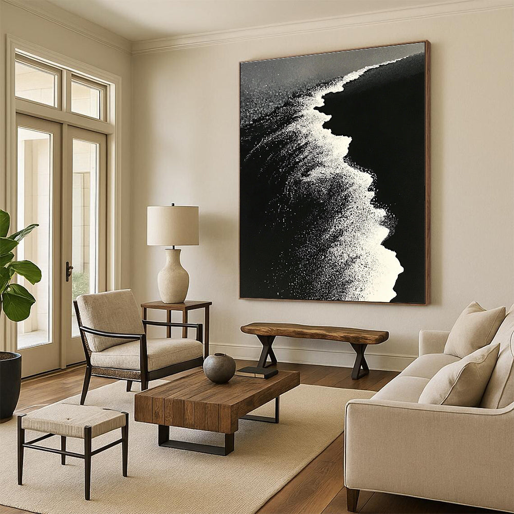 Black and White Wave Art for Modern Monochrome Office & Sophisticated Home Library STSC1430