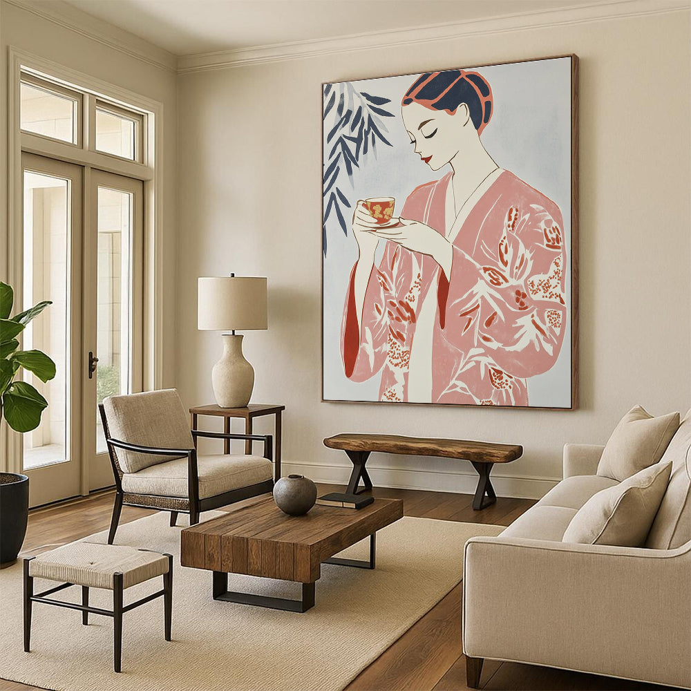Woman in Pink Kimono Art for Japanese - Inspired Tea House & Minimalist Living Room STSC1314
