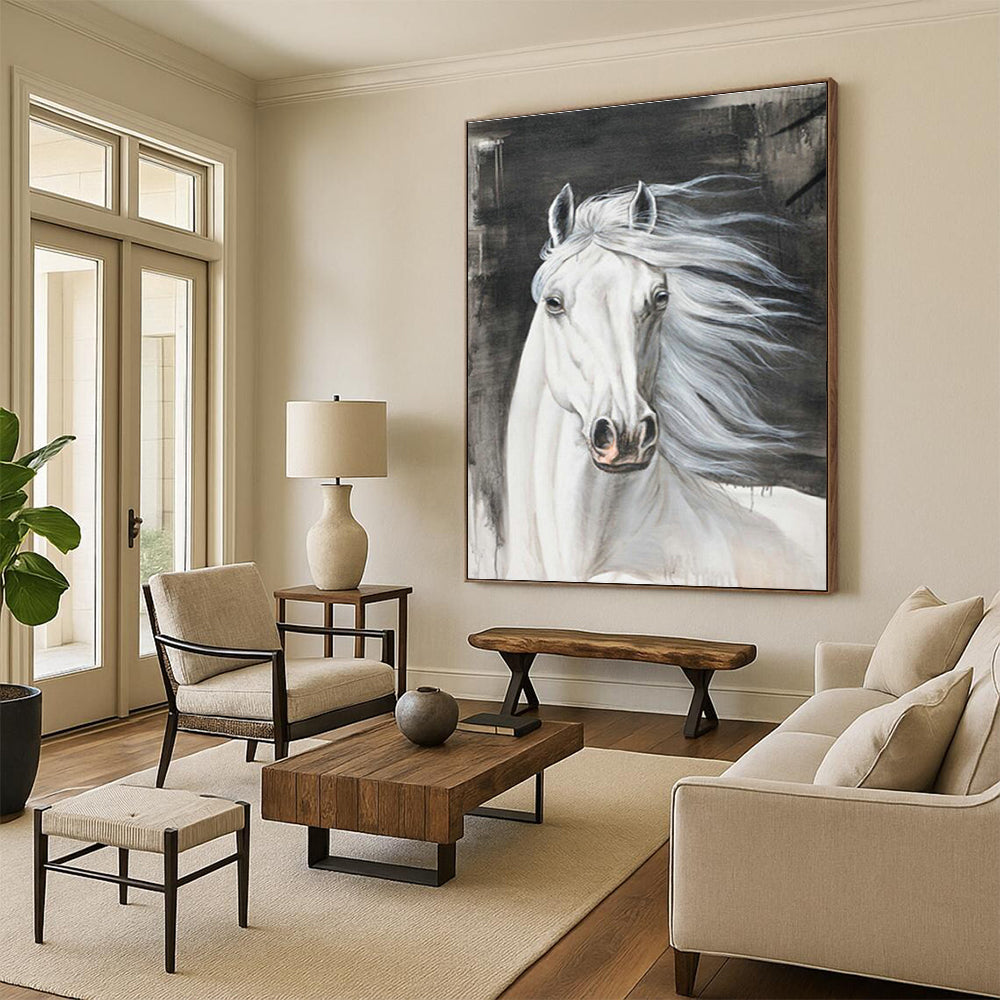 White Horse Portrait Art for Equestrian Clubhouse & Traditional Home Library DLZ2229