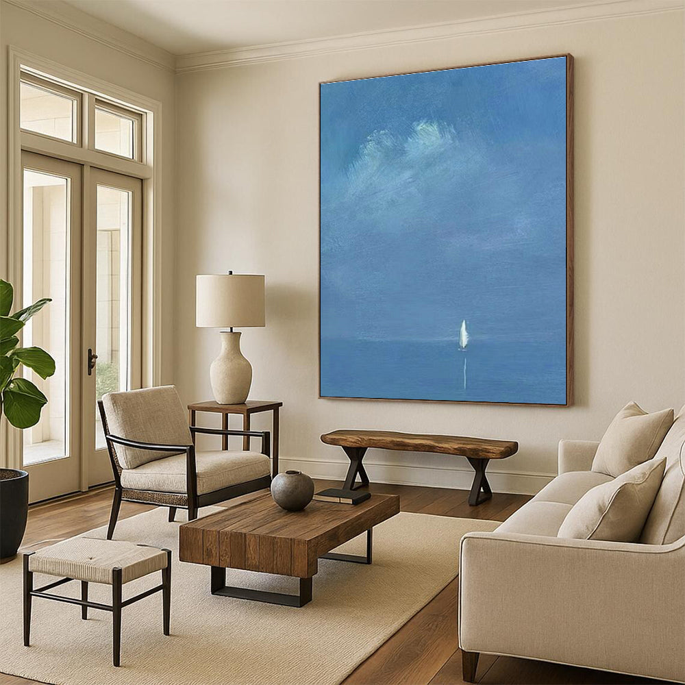 Solitary Sailboat on Blue Sea Art for Nautical Study Spaces DLZ0284