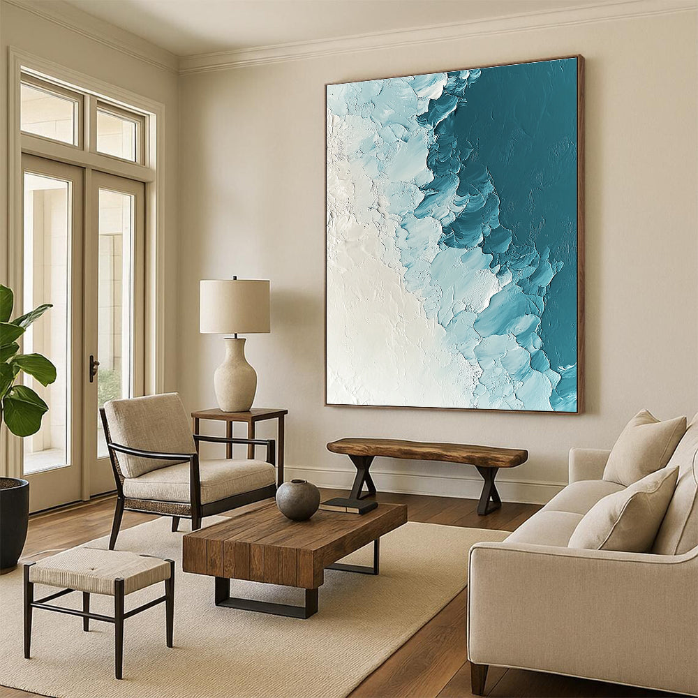 Blue and White Textured Abstract for Coastal Bedroom & Minimalist Art Gallery STSC311
