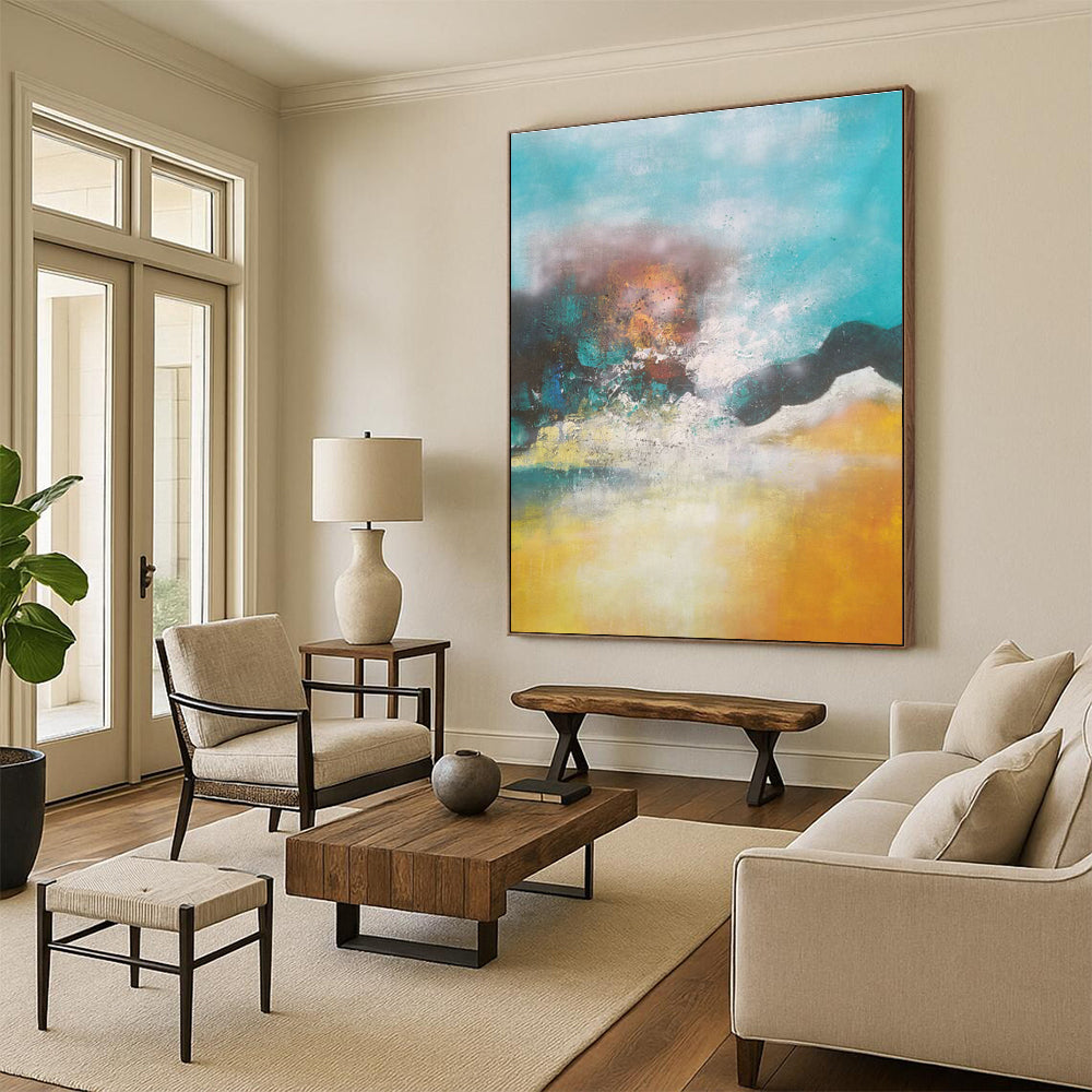 Blue - Yellow Hazy Abstract Art for Coastal Bedroom & Relaxing Spa DLZ0771